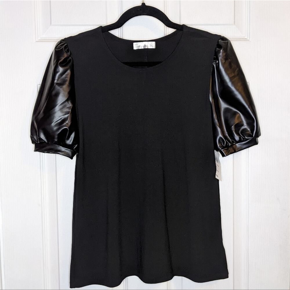 89th & Madison Black Faux Leather Sleeves Blouse Top S
